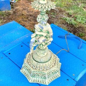 Vintage Baroque Cherub Lamp | Ornate Rococo Table Lamp with Aged Green & Gold Pa